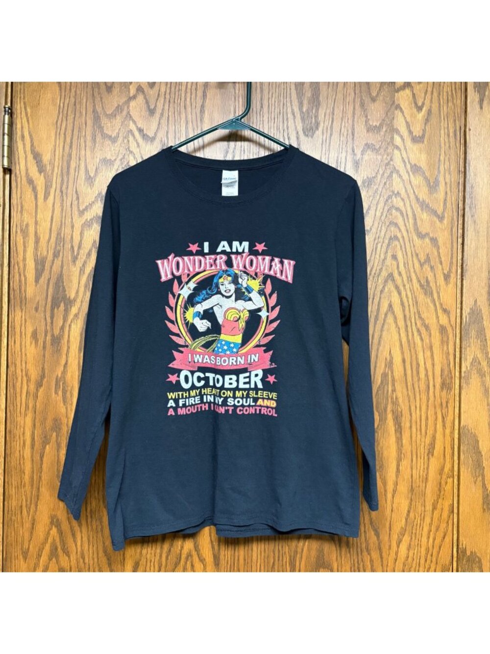 I Am Wonder Woman October T-Shirt Womens Large Black Long-Sleeve Tee